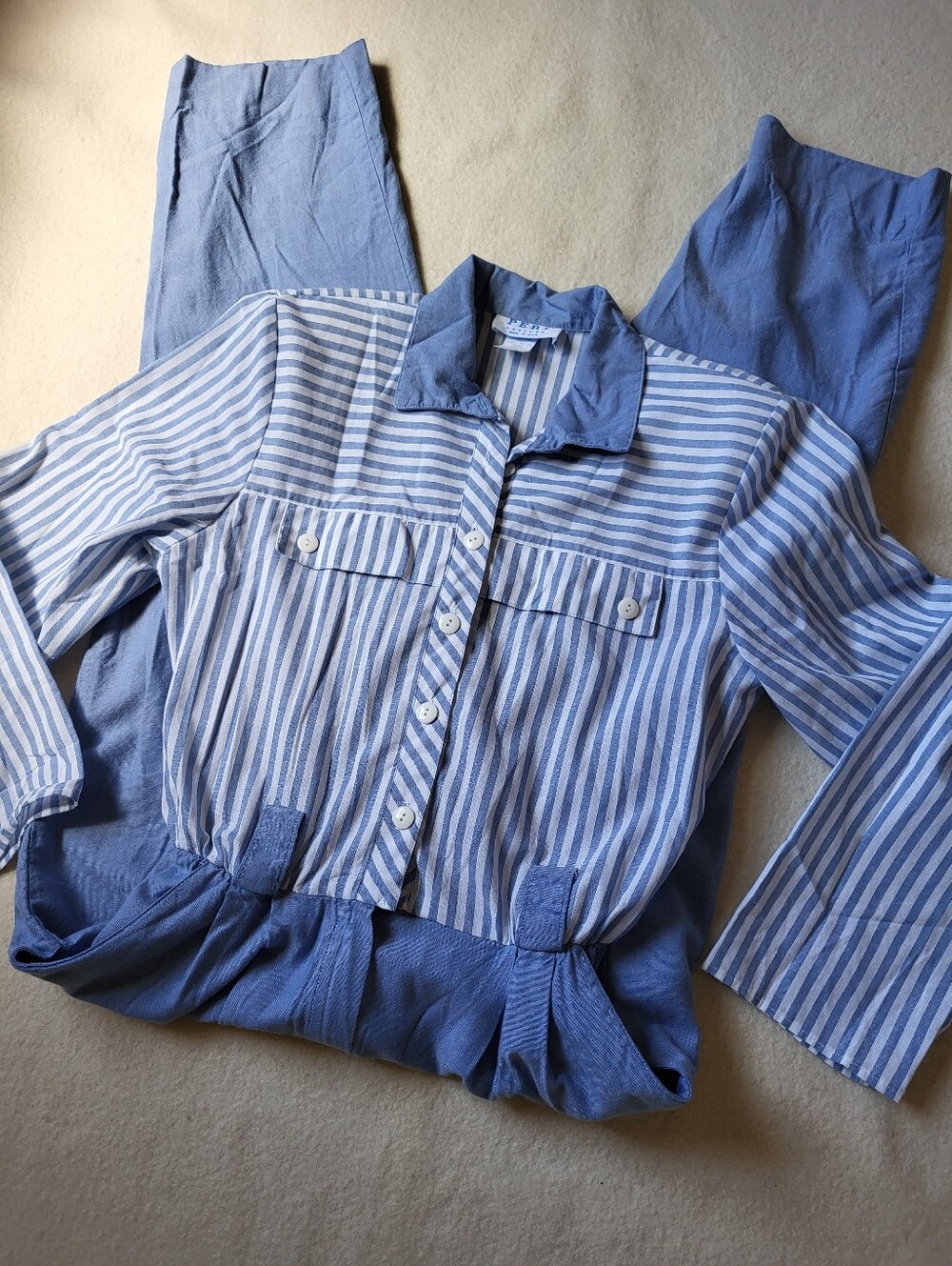 Vintage 80's Pants Romper Blue & White Cotton Polyester blend, Women's Size 10